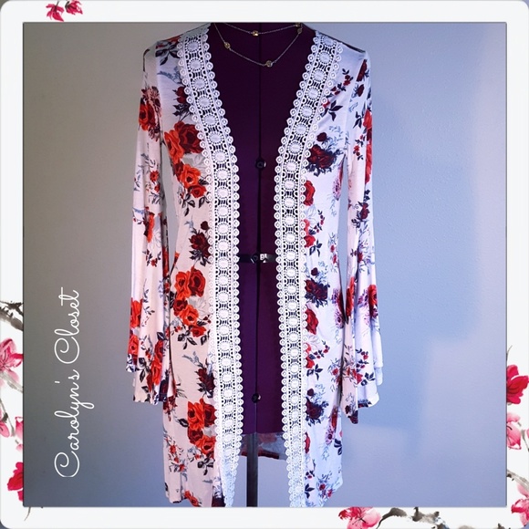 Tops - Long Bell sleeved Lace front Kimono Red Foral